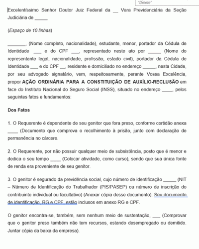 Modelo de Petição Ação Pedido Requerimento de Auxílio Reclusão