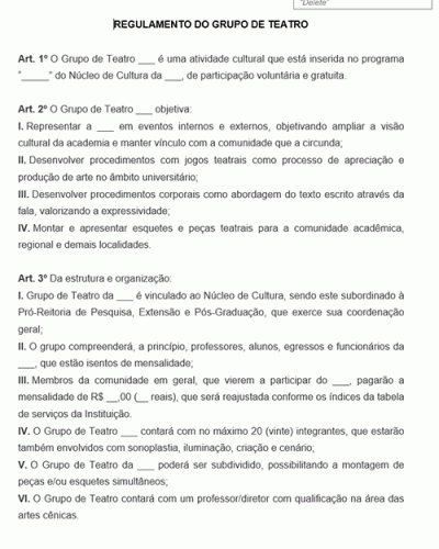 Modelo de Regimento Regulamento Interno para Grupo Teatral Teatro