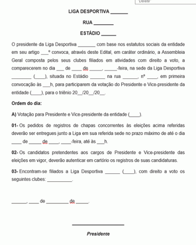 Modelo de Edital de Convocação para Eleição para Liga Esportiva