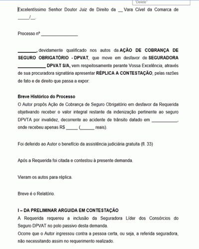 Modelo de Réplica a Contestação da Petição Ação de Cobrança de Seguro Obrigatório DPVAT