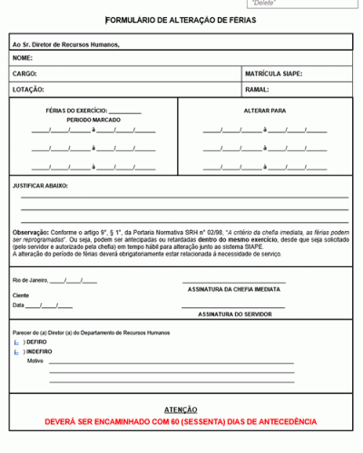 Modelo de Requerimento para Solicitação e Autorização de Alteração de período de Férias