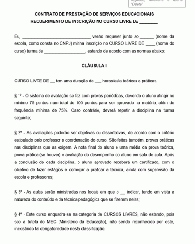 Modelo de Contrato de Prestação de Serviços Educacionais e Requerimento de Inscrição no Curso Livre