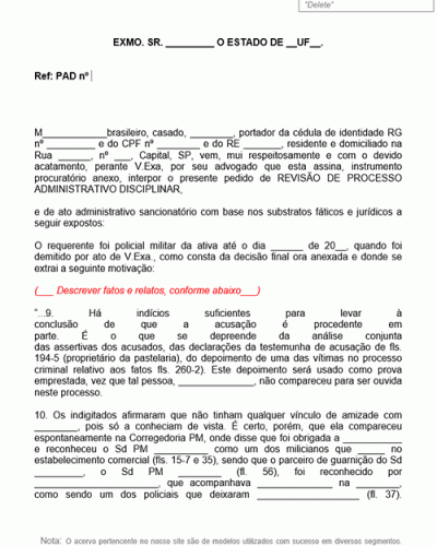 Modelo de Petição de Revisão de Processo Administrativo Disciplinar