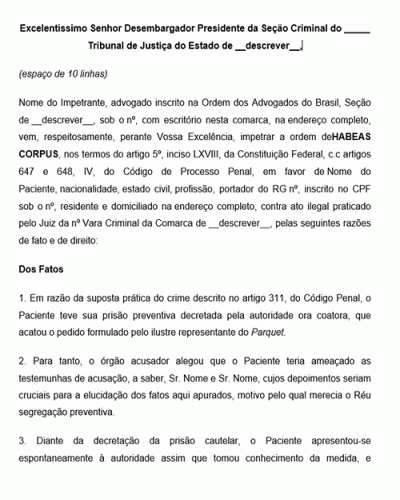 Modelo de Petição para Habeas Corpus - Quando cessados os motivos da prisão