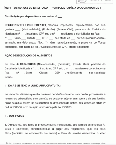 Modelo de Petição de Execução de Alimentos com Pedido de Prisão Art. 733 CPC