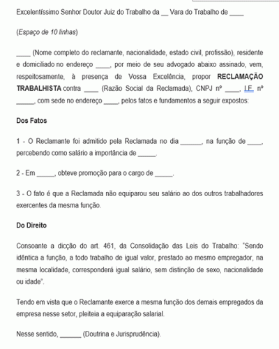 Modelo de Reclamação Trabalhista Equiparação Salarial