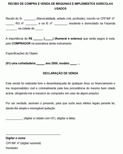 Modelo de Recibo de Compra e Venda de Máquinas e Implementos Agrícolas Usados