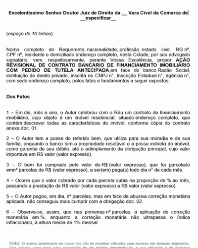 Modelo de Petição de Revisional de contrato bancário de financiamento imobiliário - com pedido de tutela antecipada