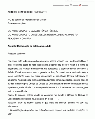 Modelo de Carta ao Fabricante ou Assistência técnica reclamação de Defeito do Produto