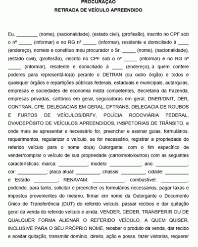 Modelo de Procuração de Retirada de Veículo Apreendido