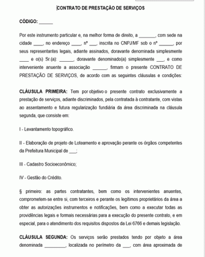 Modelo de Contrato de prestação de serviços de levantamento topográfico, elaboração de projeto de loteamento e aprovação pela Prefeitura