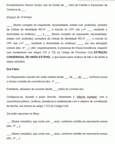 Modelo de Petição Ação Extinção Consensual de União Estável - Novo CPC Lei 13.105.2015