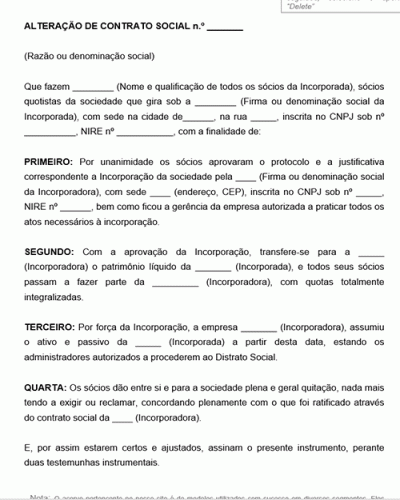 Modelo de Alteração Contratual de Sociedade Incorporada aprovando a Incorporação Sociedade Limitada