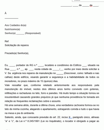 Modelo de Carta Notificação ao Síndico Administração solicitando reparos necessários