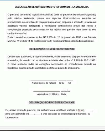 Modelo de Declaração de Consentimento informado de Esterilização permanente Laqueadura