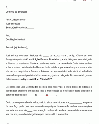 Modelo de Carta de Desfiliação Sindical