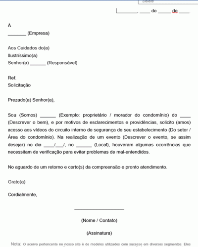 Modelo de Solicitação de Acesso à vídeos de circuito interno de segurança