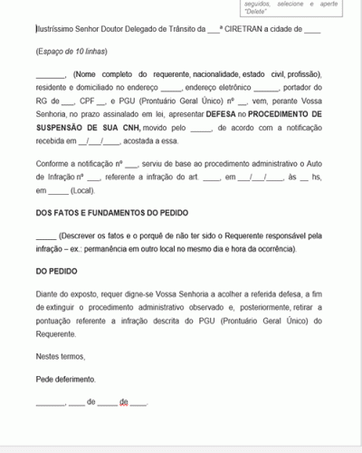 Modelo de Petição Ação Recurso com Suspensão de CNH Carteira de Motorista