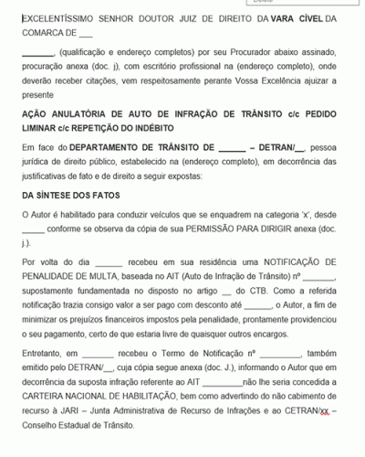 Modelo de Petição Inicial Ação Anulatória de Auto de Infração de Trânsito