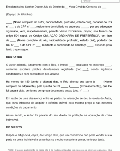 Modelo De Peti o A o Ordin ria De Direito De Prefer ncia Condom nio