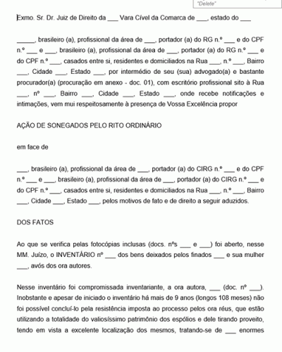 Modelo de Petição Ação de Sonegados pelo rito ordinário Ação Ordinária de Arbitramento de Aluguel