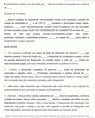 Modelo de Petição Ação de Exoneração de Alimentos Maioridade do Filho - Novo CPC Lei 13.105.15