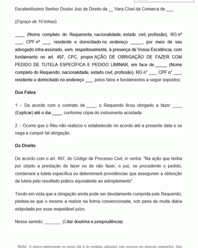 Modelo de Petição Ação de Obrigação de Fazer com Pedido de tutela Específica - Novo CPC Lei 13.105.15