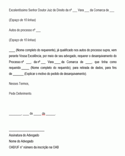 Modelo de Petição Ação de Requerimento para Desarquivamento dos autos Autos - Novo CPC Lei 13.105.2015