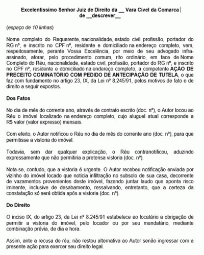 Modelo de Petição de Ação de preceito cominatório para permitir a vistoria do imóvel - Conforme novo CPC