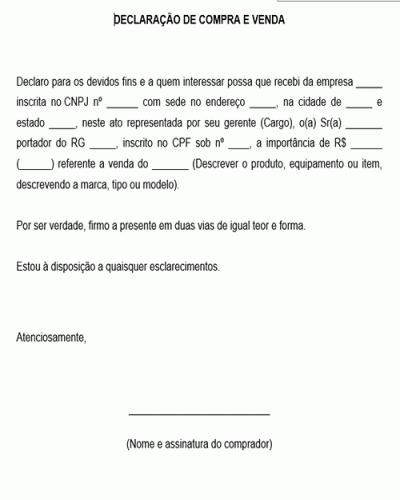 Modelo Declaração de Compra e venda de Produto Item Equipamento Bem