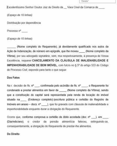 Modelo de Petição Ação de Cancelamento de Cláusula de Inalienabilidade de Impenhorabilidade de Bem Imóvel - Novo CPC 13.105.2015