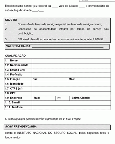 Modelo de Petição Ação de Concessão de Aposentadoria e conversão de tempo de serviço especial em comum