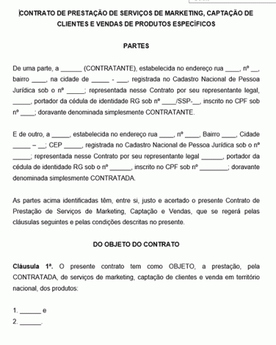 Modelo de Contrato de Prestação de Serviço de Marketing Captação de Clientes e Vendas de produtos