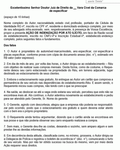 Modelo de Petição Ação de Indenização sobre Furto de Veículo em Estacionamento de Estabelecimento Comercial