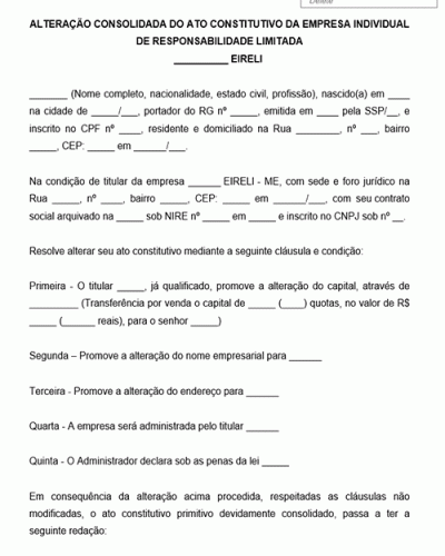 Modelo de Alteração Contratual da Empresa Individual de Responsabilidade Limitada EIRELI