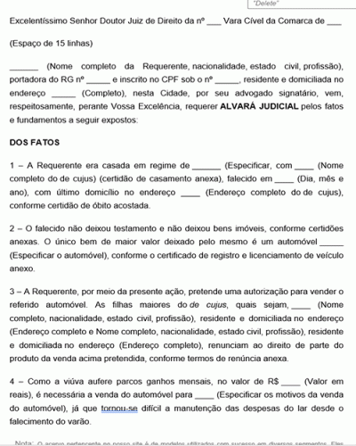 Modelo de Alvará Judicial para venda de Automóvel Viúva e Renúncia de Herdeiro