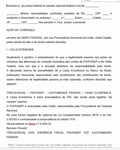 Modelo de Ação de Cobrança Área Federal Cobrança das diferença de correção monetária das Contas PIS PASEP