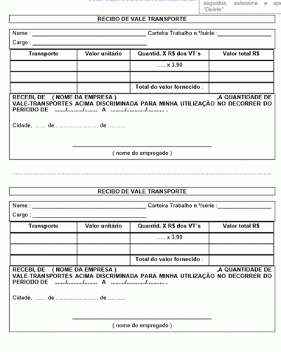 Modelo de Recibo de Vale Transporte - Comprovante de Entrega de VT ao Funcionário