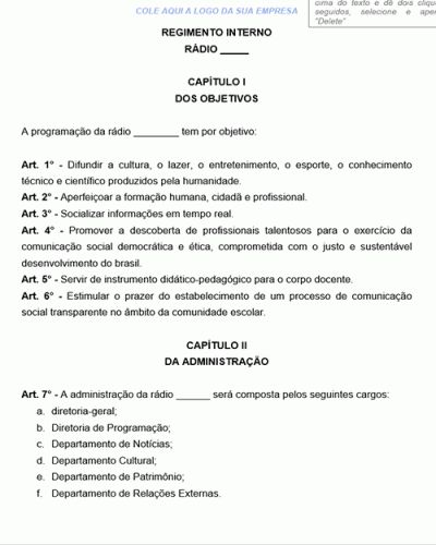 Modelo de Regimento Regulamento Interno para Rádio Comunitária