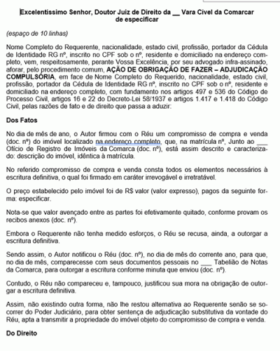 Modelo de Petição Ação de Obrigação de Fazer Adjudicação Compulsória