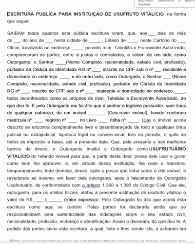 Modelo de Escritura Pública para Instituição de Usufruto Vitalício