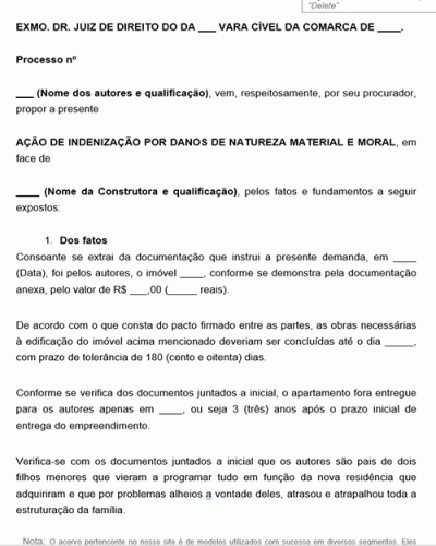 Modelo de Ação Judicial em Face de Construtora em Virtude de Atraso na entrega de imóvel