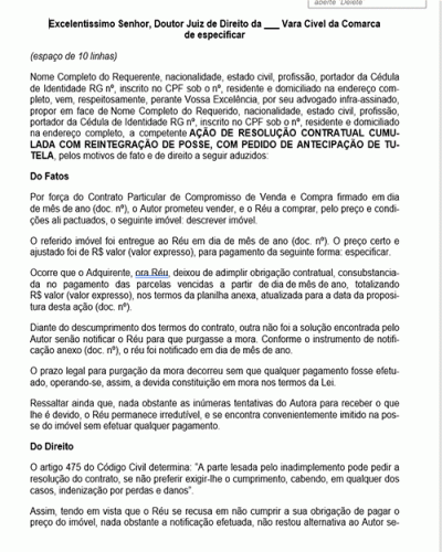 Modelo de Petição Inicial com Pedido de Tutela Provisória de Urgência e de Evidência Reintegração de Posse