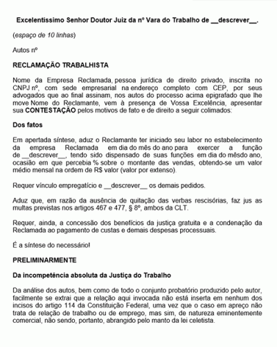 Modelo de Petição Contestação com pedido de vínculo empregatício de representante comercial - Direito Trabalhista - Novo CPC