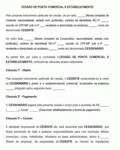 Modelo de Contrato de Cessão de Ponto Comercial e Estabelecimento