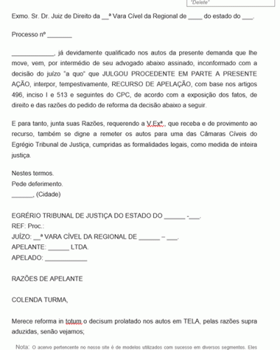 Modelo de Apelação sobre Veículo deixado esquecido abandonado para conserto