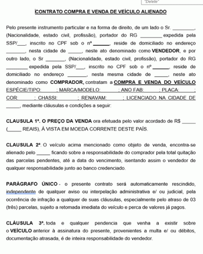 Referência Para Um Contrato De Compra E Venda De Veículo Alienado