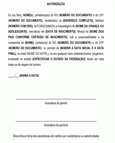 Modelo de Autorização de Hospedagem de Menor Criança ou Adolescente