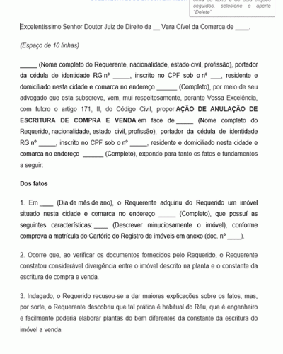 Modelo de Petição Ação de Anulação de Escritura de Compra e venda