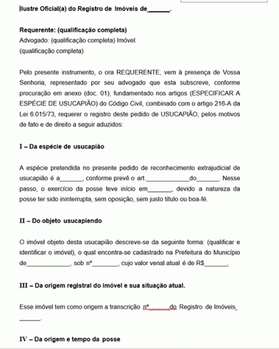 Modelo de Requerimento de Usucapião Extrajudicial